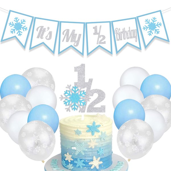 Winter 1/2 Birthday Decoration Snowflake Half Banner Cake Topper Balloons Party Supplies Blue
