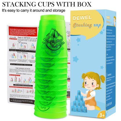 DEWEL Stacking Cup Game with 15 Stack Ways, 24pcs Cup Stacking Set, Sport Stacking Cups BPA-Free Material, Classic Family Game, Great Gift Idea for Stack Games Lover. (Blue & Green)