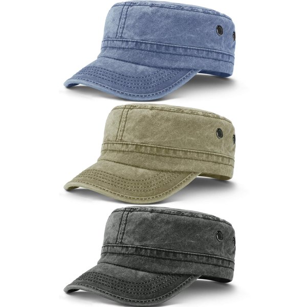 3 Pieces Cadet Army Caps Military Flat Top Caps Washed Cotton Cadet Cap Adjustable Military Style Hat Unisex Baseball Cap (Blue, Black, Army Green)