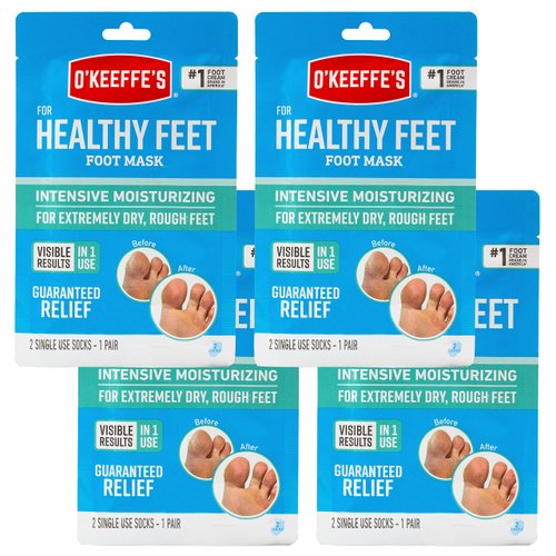 O'Keeffe's for Healthy Feet Intensive Moisturizing Foot Mask, Guaranteed Relief for Extremely Dry, Rough Feet, One Pair Single-Use Hydrating Foot Mask Socks, (Pack of 4)