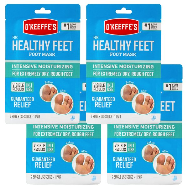 O'Keeffe's for Healthy Feet Intensive Moisturizing Foot Mask, Guaranteed Relief for Extremely Dry, Rough Feet, One Pair Single-Use Hydrating Foot Mask Socks, (Pack of 4)