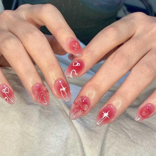 DANMANR Cute Fake Nails Short Press on Almond Nails Pink Full Cover Bow Acrylic Valentine's Day Fake Nails for Women and Girls 24PCS