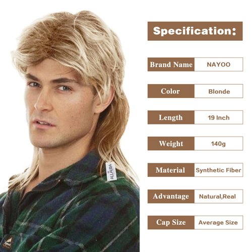 NAYOO Mullet Wigs for Men 70s 80s Costumes Cosplay Curly Punk Fancy Party Halloween Cosplay Costume Wigs (Blonde)
