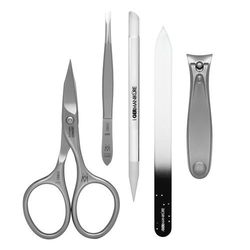 GERMANIKURE 5pc Manicure Set - Handmade in Solingen Germany, FINOX Stainless Steel: Nail Clipper, Combination Scissor, Slanted Tweezer, Czech Glass Nail file and Cuticle Stick in Leather Case