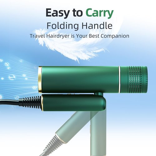 Hair Dryer for Women,Travel Hair Dryer, Powerful Ionic BlowDryer for Fast Drying, Lightweight Portable HairDryer, 3 Temperature 2 Speed Settings, Folding Handle for Compact with Storage Bag,Green
