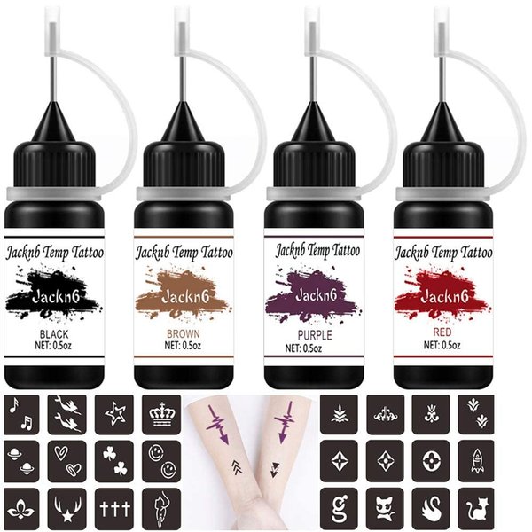 Jacknb Temporary Tattoo Kit Jagua Gel Semi Permanent Tattoo Freehand Ink 4 Bottles (2oz) DIY Tattoos Fake Freckles Body Art Paint Kits 40 Pcs Free Tattoos Stencils (Black/Red/Purple/Brown)