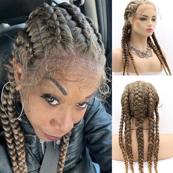xiweiya Mixed Blonde Brown 5 Braids Lace Front Wig Long Box Braids Hairstyles Cornrow Braided Wig with Baby Hair Afro Braids Crochet Braids Xpression Braiding Hair For Women 30inch
