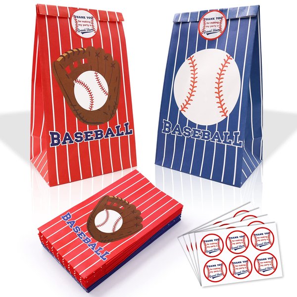 Kitticcino 24 Packs Baseball Goodie Candy Treat Bags with Thank You Stickers Baseball Party Gift Bags for Kids Team Sports Theme Birthday Party Game Decorations Baby Shower Supplies