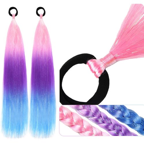 Kids Ponytail Extension With Hair Tie, Pink Purple Blue Ponytail Extension, Crazy Hair Day, Colored Hair Extensions for Kids, Festival Hair, Rave Hair, Ombre Ponytail 2 Packs 25 inch