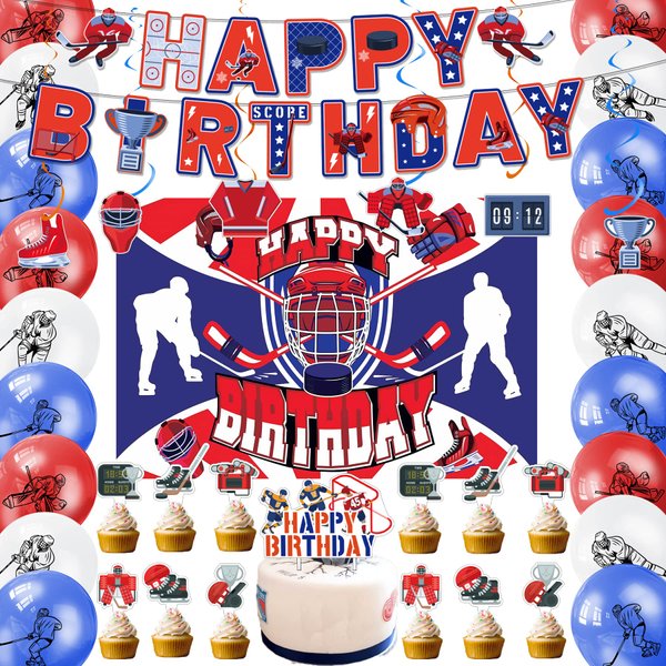 Hockey Birthday Party Decoration Ice Hockey Party Supplies Include HAPPY BIRTHDAY Banner Balloons Cake Topper Cupcake Toppers Spirals Background Hockey Party Decoration