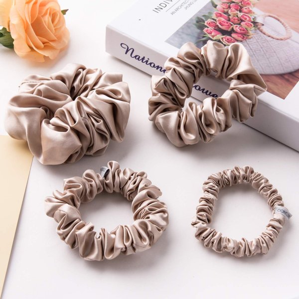 MTSNOO Silk Scrunchies for Hair Sleep 100% Pure 22 Momme Mulberry Silk Scrunchies for Curly Hair with Elastic Band 4 Pack Silk Hair Ties Ropes Scrunchies Set for Women Girls