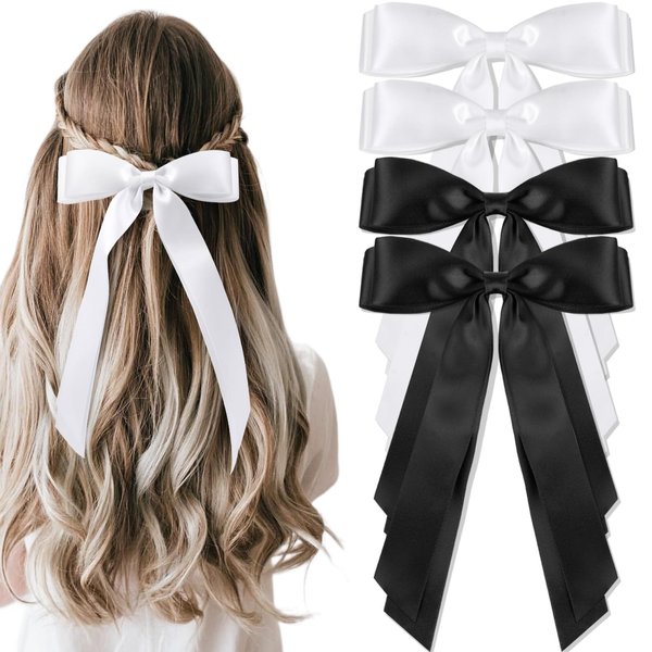 vivinin 4pcs Solid Silky Satin Hair Bows for Women, Hair Ribbon Clip with Long Tail, Ribbon for Hair Daily Wear, White and Black Hair Bow Hair Accessories, Bow for Hair for Women Girls Gifts
