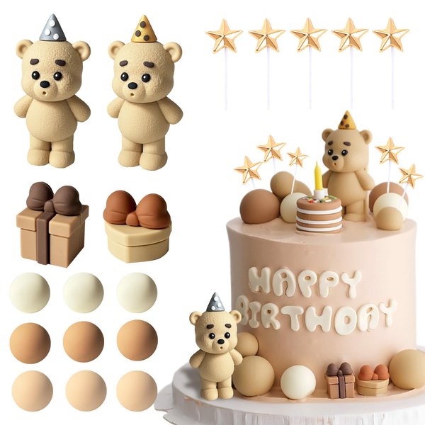13 PCS Bear Cake Toppers Bear Cake Decor Cake Toppers Bear Birthday Party Decor Baby Bear Cake Topper Ball for Boy Girl Baby Shower Birthday Party Decor