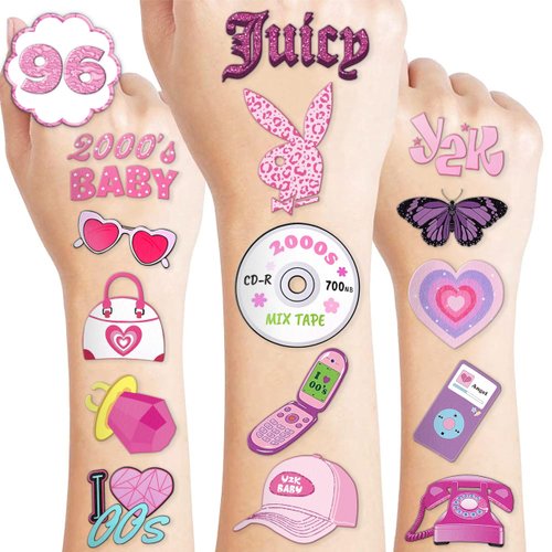 100PCS 2000s Y2K Temporary Tattoos Stickers Themed Pink Birthday Party Supplies Favors Decorations Throwback Early 00’s Tattoo Sticker Gifts For Teen Girls School Prizes Carnival