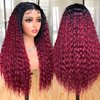 CURLCRAZY Long Curly Lace Front Wigs for Black Women Deep Wave HD Lace Frontal Wig Glueless Synthetic Lace Front Wig Pre-plucked with Baby Hair Dark Roots Hair(26" Ombre Red)