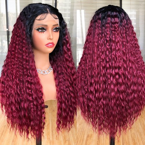 CURLCRAZY Long Curly Lace Front Wigs for Black Women Deep Wave HD Lace Frontal Wig Glueless Synthetic Lace Front Wig Pre-plucked with Baby Hair Dark Roots Hair(26" Ombre Red)