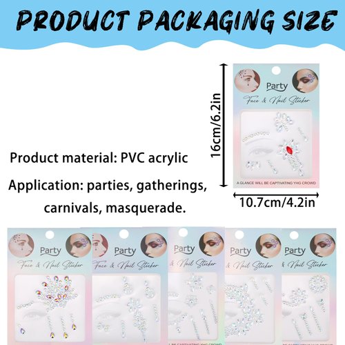 6 Pcs Gemstone Face Stickers, Acrylic Crystal Moon Face Eyes Stickers, Face Gems Glitter Sticker Temporary Tattoo for Birthday Carnival, and Women Festival Accessory and Nail Art Decorations