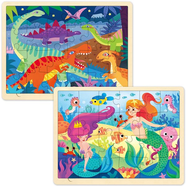 MoinKidz Wooden Puzzles for Kids Ages 3-5, 2 Pack 24 Piece Puzzle for 3 Year Old, Little Mermaid and Dinosaur Preschool Toddler Puzzles with Picture Underneath