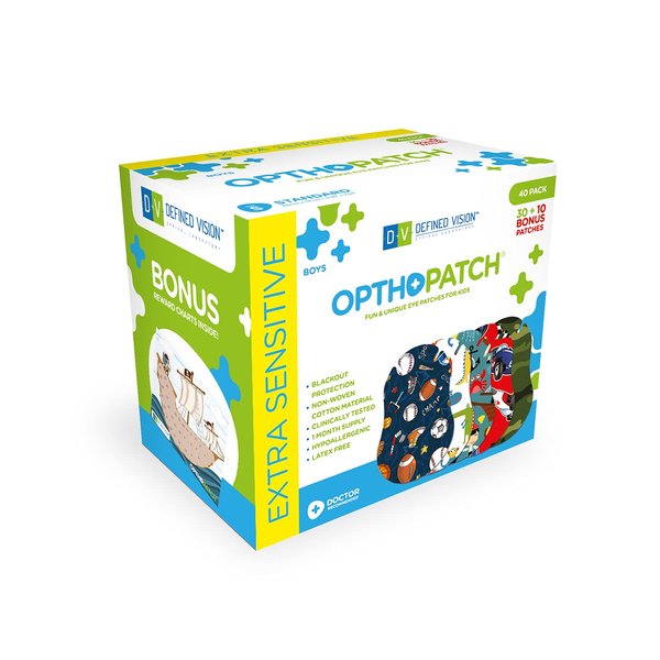 Opthopatch Kids Eye Patches - Fun Boys Design - 30 + 10 Bonus Latex Free Hypoallergenic Cotton Adhesive Bandages for Amblyopia and Cross Eye by Defined Vision