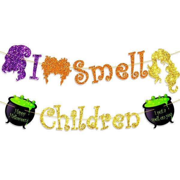 Ushinemi Glitter I Smell Children Banner Halloween Witch Party Decorations, I Put A Spell On You Hocus Pocus Banner