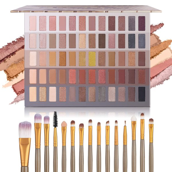 UCANBE Pro 60 Shades Eyeshadow Palette + 15 pcs Makeup Brushes Set High Pigmented Naked Nudes Shimmer Matte Metallic Smokey Eye Shadow Soft Synthetic Powder Cream Blending Brush Neutral Pallet Kit(Neutral Set)