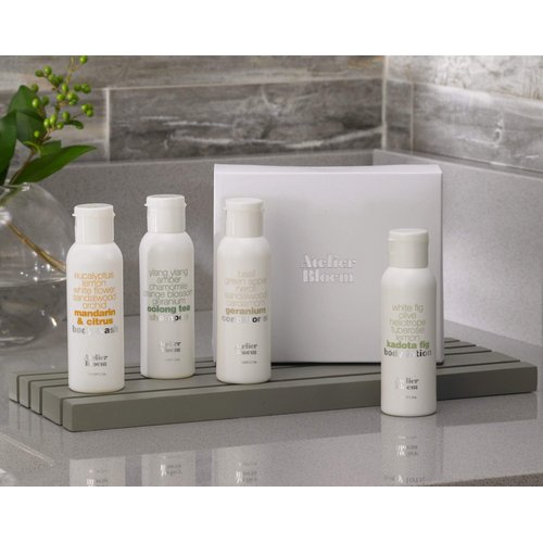 Atelier Bloem Travel Gift Set with Mandarin & Citrus Body Wash, Kadota Fig Body Lotion, Oolong Tea Shampoo, and Geranium Conditioner - Kimpton Hotel Collection - Includes Gift Box - 1.7 oz. Bottles