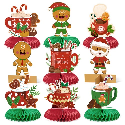 EmmgHen 9 Pcs Hot Cocoa Christmas Party Centerpieces Colorful Gingerbread Marshmallow Chocolate Coffee Honeycomb Centerpieces 3D Table Toppers Bar Sign Decor Xmas Winter Holiday Decorations Supplies