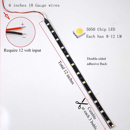 HYADA DC 12V Waterproof 1Ft 12 LED Strip Underbody Light with 6 inches wires for motor (White,Pack of 6)
