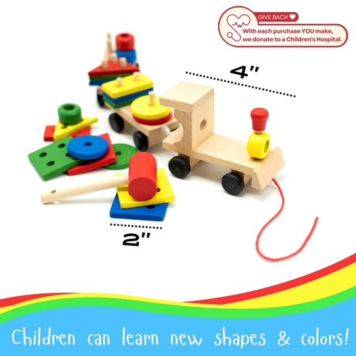 LMC Products Wooden Train with Shape Sorter & Pegs - Fine Motor Skills Toy, Wooden Toddler Stacking Toys, Montessori Toys for Toddlers 3 Years+ Wood Shape Sorter Train - Donate to Children's Hospital