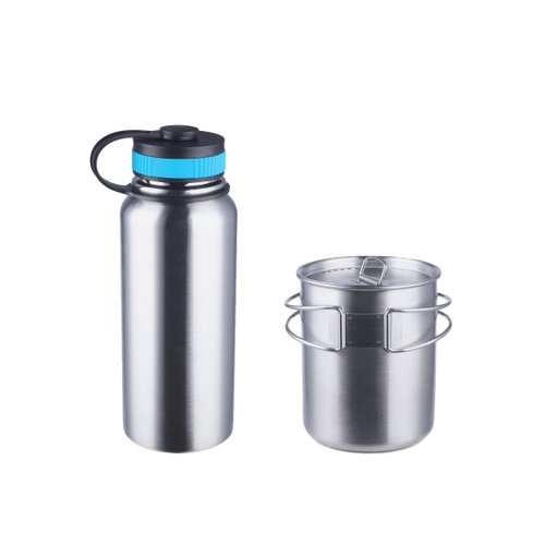 Gearland Canteen Stainless Steel Water Bottle with Nested Camping Cup and Lid for Bug Out Bag, Bushcraft Gear, Metal Canteen with a Wide Mouth Water Bottle and Mess Kit