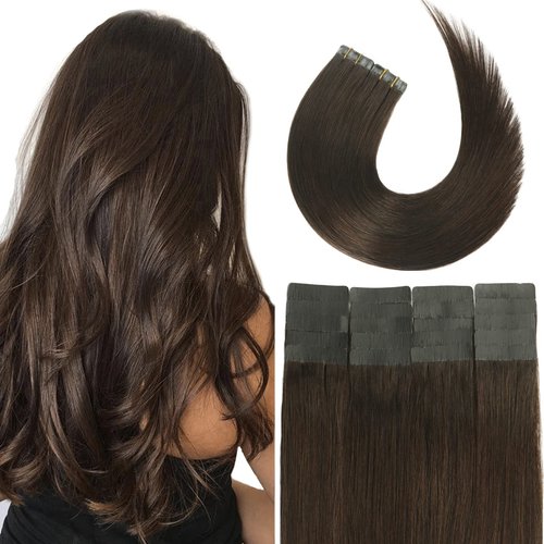 Dark Brown Tape in Hair Extensions Human Hair 100% Remy Human Hair Extensions Silky Straight for Fashion Women 20 Pcs/Package(14Inch #2 30g)