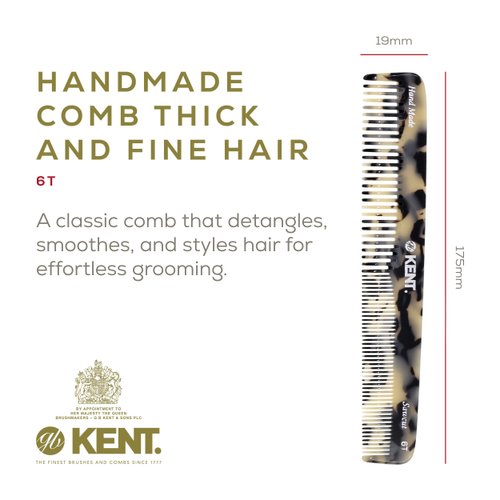 Kent 6T TW FineTooth Comb and Wide Tooth Hair Comb-Handmade Styling Comb for Hair Care,Barber Combs,Beard Combs For Men-Hair Styling Grooming Hair Combs for Men,Women and Kids,Hair Care for Wet or Dry