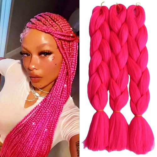 Pure Color Braiding Hair 3pcs Synthetic Afro Jumbo Braiding Hair Extensions 24 Inch Women Box Braid Crochet Hair (hot pink)