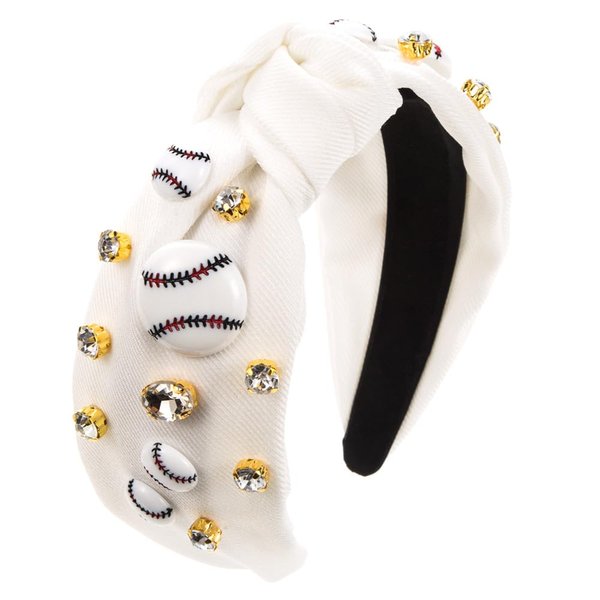 CAFUDEYE Women Football Headband Pearl Rhinestone Jeweled Knotted Headband Cross Knotted Hair Hoop Crystal Hairband Elegant Wide Top Knot for Girls (1PACK-baseball white)