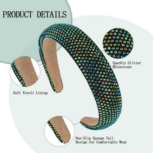 CAVETEE Rhinestone Headband，Non-slip Sparkly Wide Headbands Hair Bands Crystal Fancy Headbands Green Headband Comfortable Formal Hair Accessoriesfor Women Girls Christmas