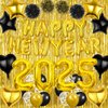 Black Gold Happy New Year Decorations 2025 Happy New Year Letter Foil Balloons Gold Fringe Curtains Backdrop Pom Poms Balloons Arch Garland Kit for New Years Eve Party Favors Supplies