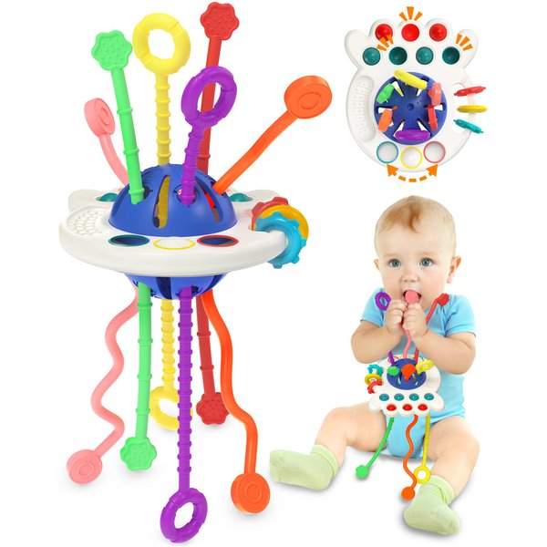 Yetonamr Baby Teething Montessori Toy for 6-12-18 Months, Pull String Silicone Sensory Toy, Educational Learning Birthday Gift Travel Toy for 1 2 3 Year Old Boy Girl Infant Toddlers