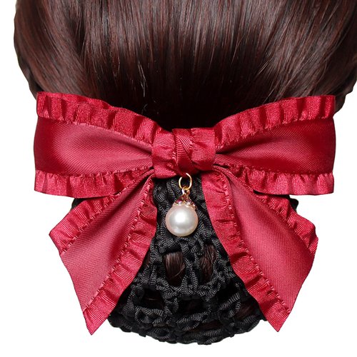 Barrettes with Bun Cover Hairnet, Hair Bow Snood Clip with Hairbun Net For Ballet Dance or Work Clothes F-J-H2 (Set of 4 - Pink, Purple, Red, Navy Blue)