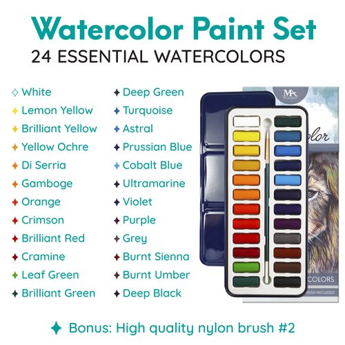MozArt Supplies Watercolor Paint Essential Set - 24 Vibrant Colors - Lightweight and Portable - Perfect for Budding Hobbyists and Professional Artists - Water Colors Paint Adult Set With Paintbrush