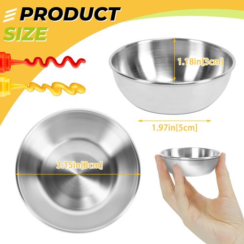 BILLIOTEAM 6 Pcs Stainless Steel Sauce Dishes, Round Seasoning Bowls, Mini Appetizer Plates, Sushi Dipping Bowl Mixing Saucers (3.15 x 1.18 Inch)