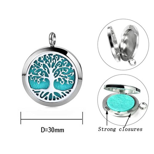 Aromatherapy Essential Oil Diffuser Necklace Tree of Life Pattern Stainless Steel Locket Pendant with 24 Inch Chain