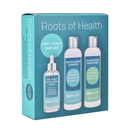 PURE CODE Roots of Health Hair + Scalp Care - Hair-Scalp Rejuvenating Serum for Fuller, Thicker Hair, Reinvigorating Shampoo, and Nourishing Conditioner Set - Natural Hair Product (Set of 3)
