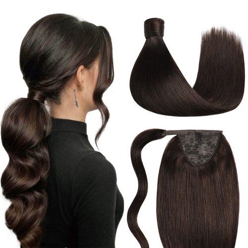 SUYYA Human Hair Ponytail Wrap Around Clip in Hair Piece Ponytail Extension Human Hair Straight Ponytail Hair Extensions with Magic Paste 80G 18 Inch #2 Darkest Brown