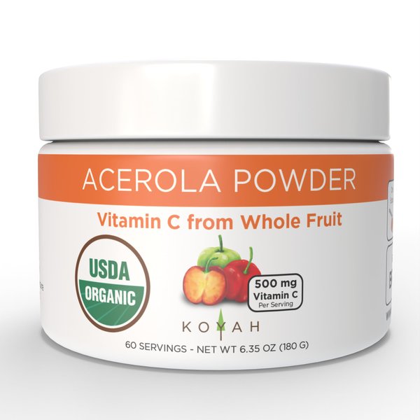 KOYAH - Organic Acerola Powder: Freeze-Dried, 100% Pure, 500 mg Natural Vitamin C per Scoop, Whole-Food, Non-GMO, Vegan, 60 Servings, Made from acerola Cherries Grown in Brazil