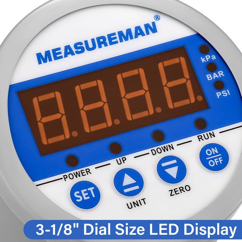 MEASUREMAN 3-1/8" Dial Size Stainless Steel Industrial Digital Pressure Control, Pressure Switch, 1/4" NPT Lower Mount, -15-0psi Vacuum, 110VAC, 0.5% Accuracy, LED Display