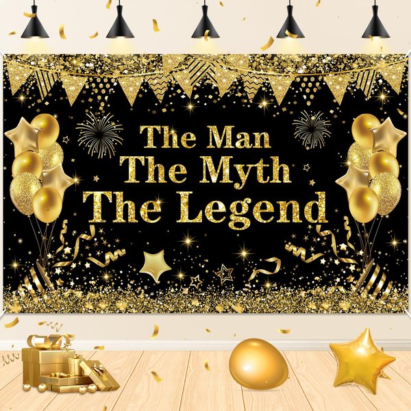 The Man The Myth The Legend Decorations Backdrop Banner, Black Gold Glitter Birthday Party Decorations Banner for Men Dad Father's Day Backdrop for Retirement Bachelor Party Supplies