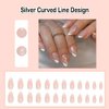 ANDGING French Tip Press on Nails Almond Short White Fake Nails with Silver Curved Line Design Gel Glue on Nails for Women Acrylic False Nails with Glue Full Cover Stick on Nails for Wedding Birthday