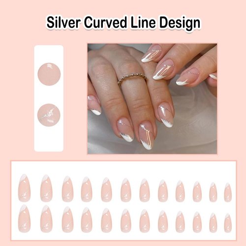 ANDGING French Tip Press on Nails Almond Short White Fake Nails with Silver Curved Line Design Gel Glue on Nails for Women Acrylic False Nails with Glue Full Cover Stick on Nails for Wedding Birthday