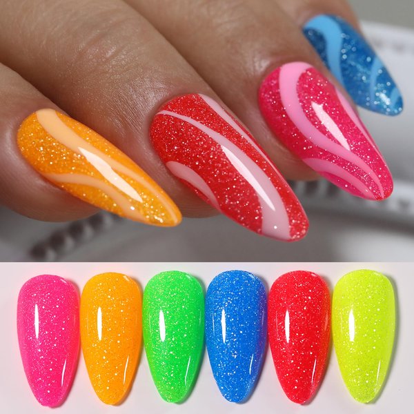 Double Rhythm Glitter Gel Nail Polish Set of 6 Colors Shimmer Reflective Sparkle Nail Polish Nail Art DIY at Home (Neon Pink Red Blue Green Yellow Orange-Kit3)