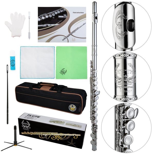 Rhythm C Flutes with Engraved Flower Closed Hole 16 Keys Flute For Student, Beginner with Stand, Carrying Case,Cleaning Kit, Gloves, Tuning Rod, Nickel